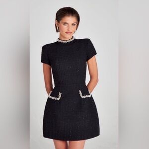 NADINE MERABI Black Tweed Dress with White Accents
